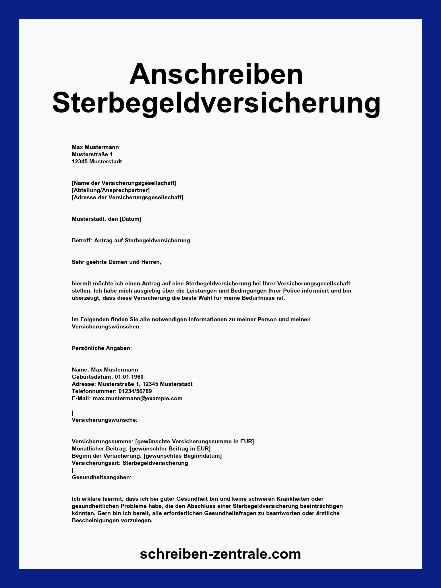 Anschreiben Sterbegeldversicherung Vorlage