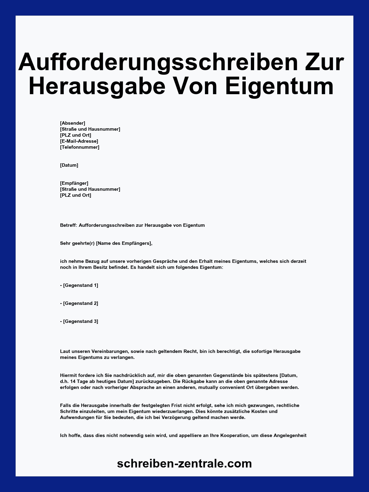 Aufforderungsschreiben Zur Herausgabe Von Eigentum