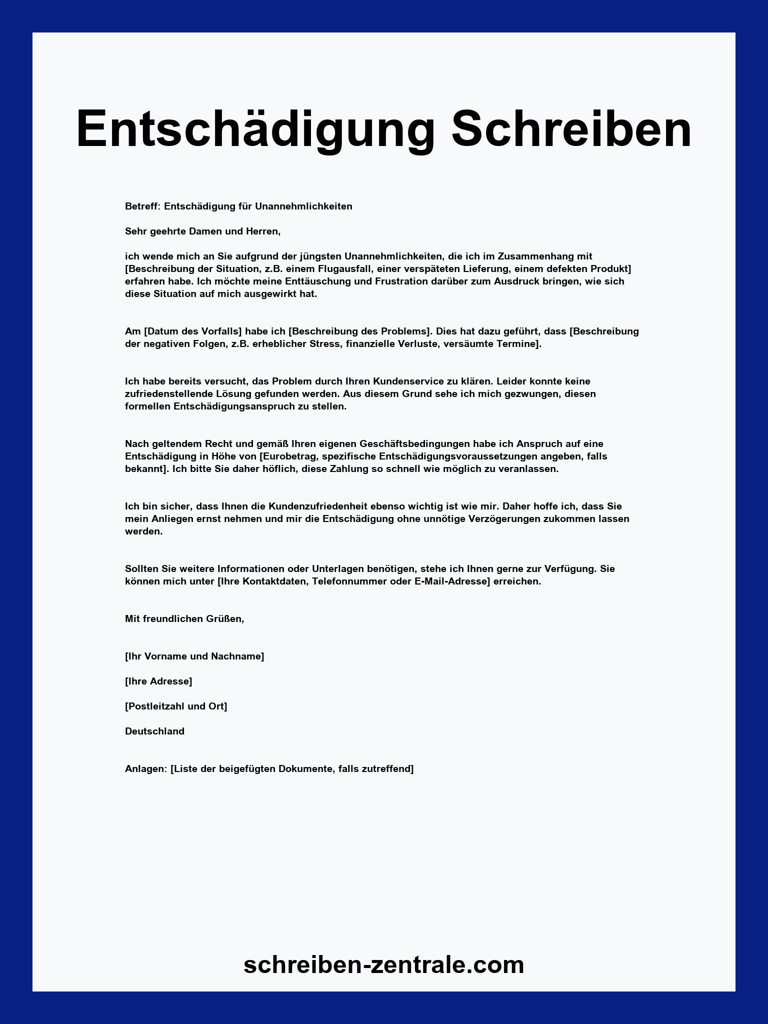 Entschädigung Schreiben Muster