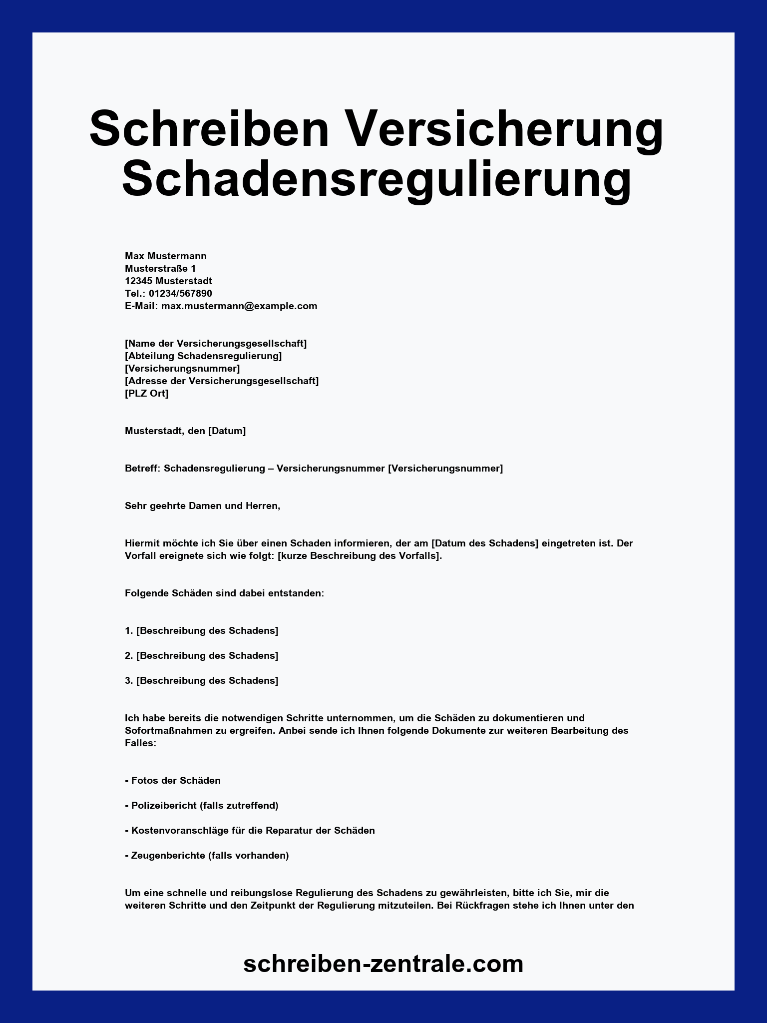 Schreiben Versicherung Schadensregulierung Vorlage