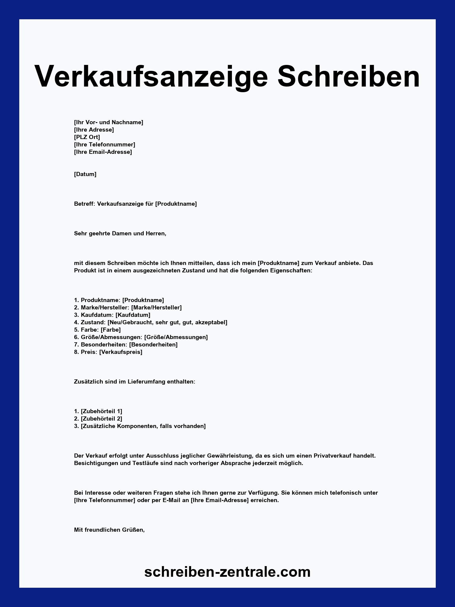 Verkaufsanzeige Schreiben Muster