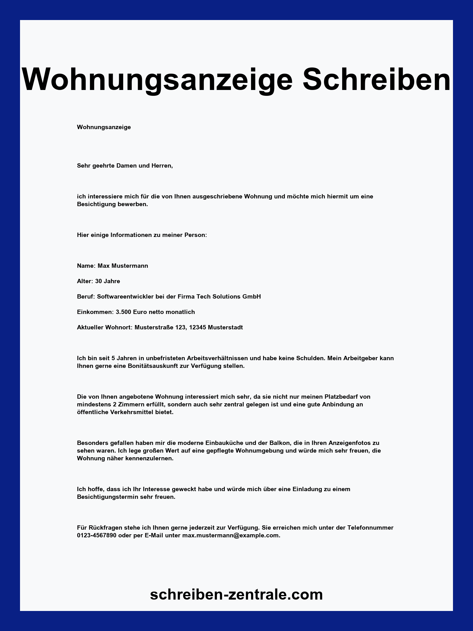 Wohnungsanzeige Schreiben Vorlage