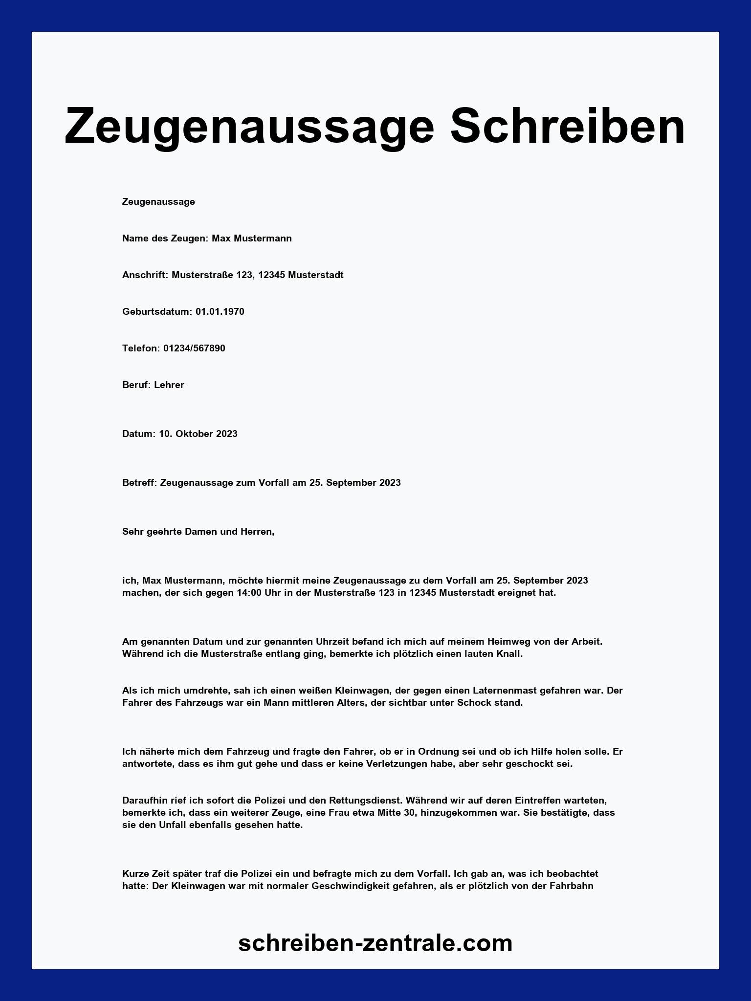 Zeugenaussage Schreiben Muster
